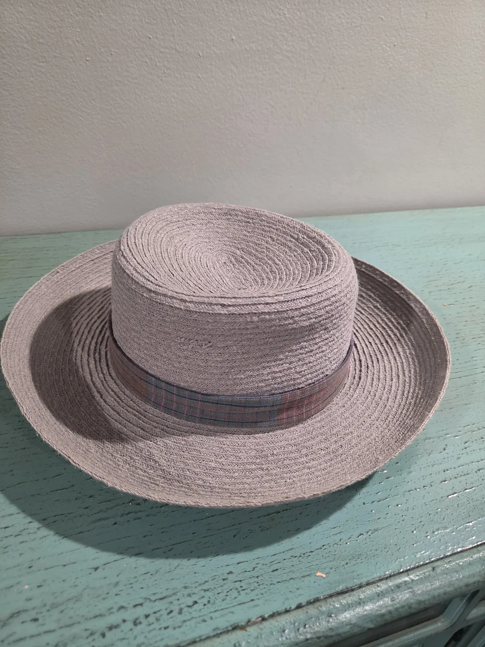 August Hats Gray Hemp Blend Plaid Band Boater Hat